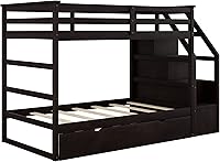 Vista 184 de Harper & Bright Designs Litera de tamaño matrimonial sobre matrimonial con 3 cajones, litera de madera maciza con almacenamiento y riel