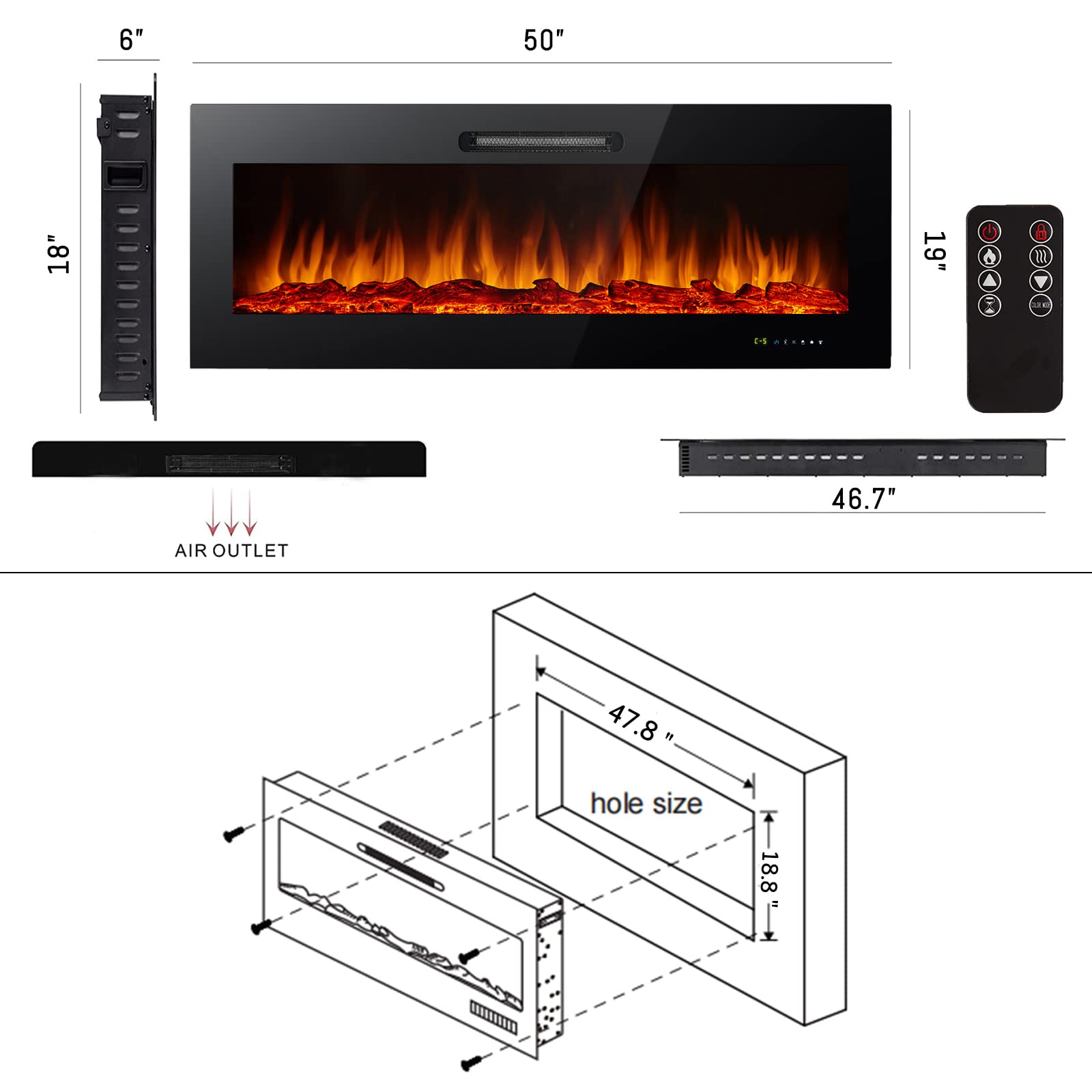 Alpaca 50 inches Home Electric Fireplace Recessed and Wall Mounted
