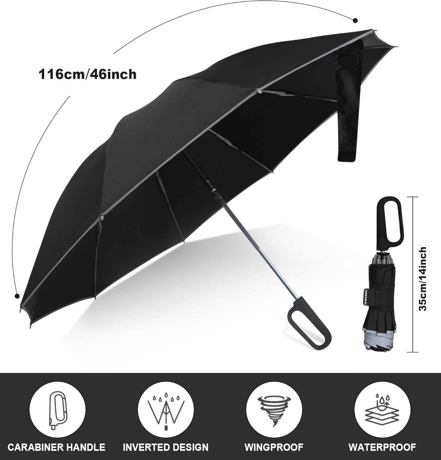 QWB TUMAAOTU Inverted Umbrella with Carabiner Handle, Compact Wind Proof Umbrellas For Rain and Sun Protection, Portable Reverse Folding Umbrella, Car Umbrella for Women Men, 10 Ribs - Image 6