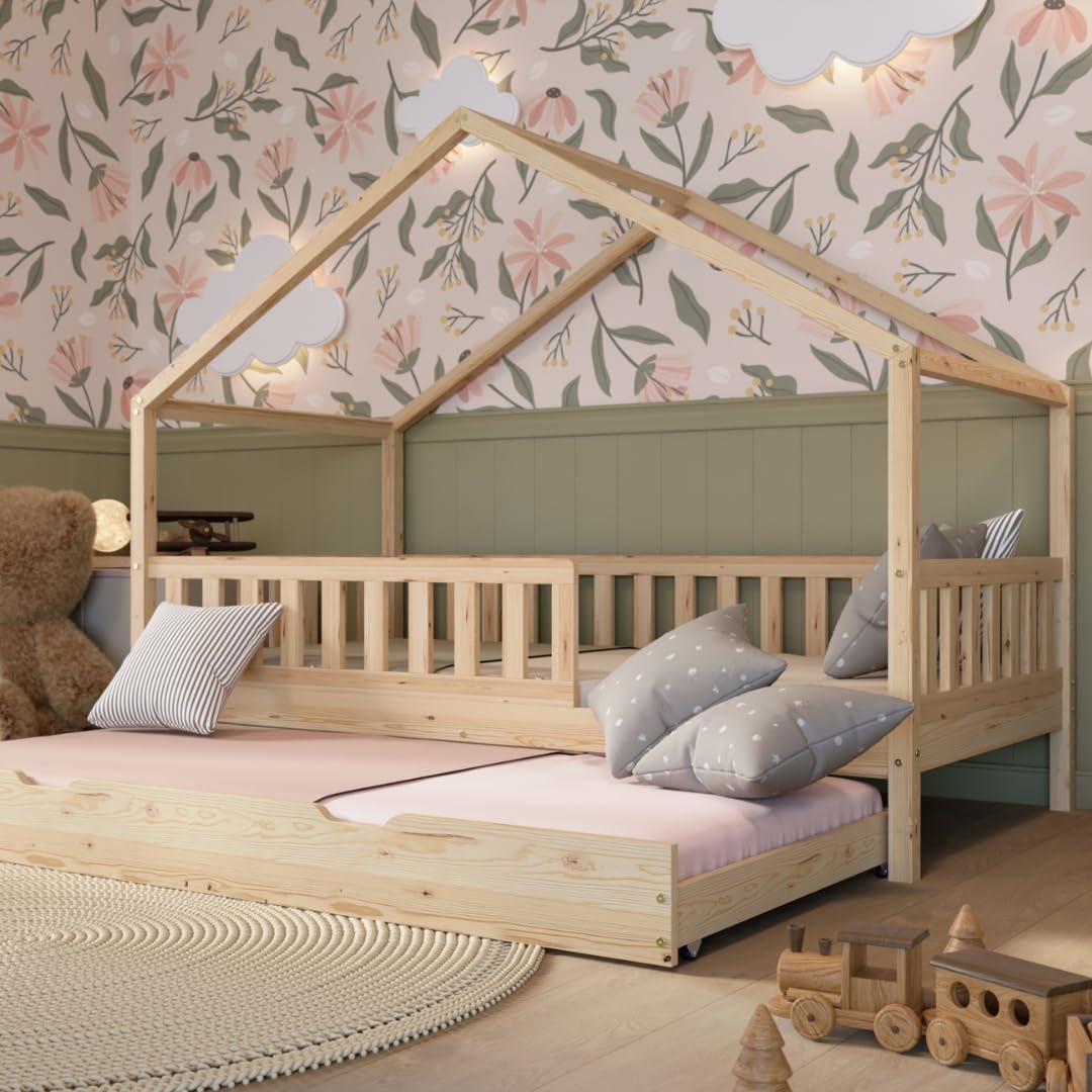 Crazy Pine Hausbett mit Ausziehbett 90x190 cm – Kinderbett aus Naturholz mit Rausfallschutz – Montessori Bett mit Schublade mit Schlaffunktion und Abnehmbarer Barriere - Crazy House