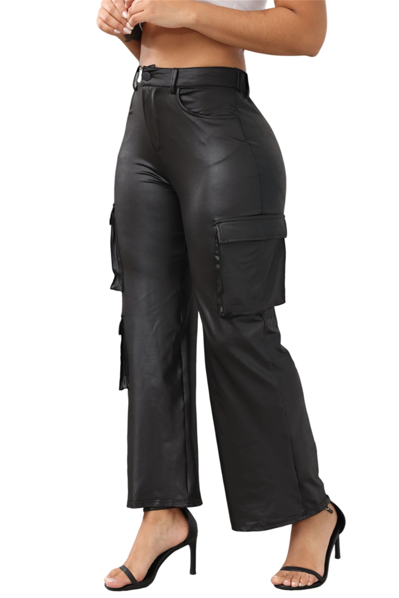 CALEBGAR Pantalon cargo en similicuir extensible taille haute pour femme avec poches