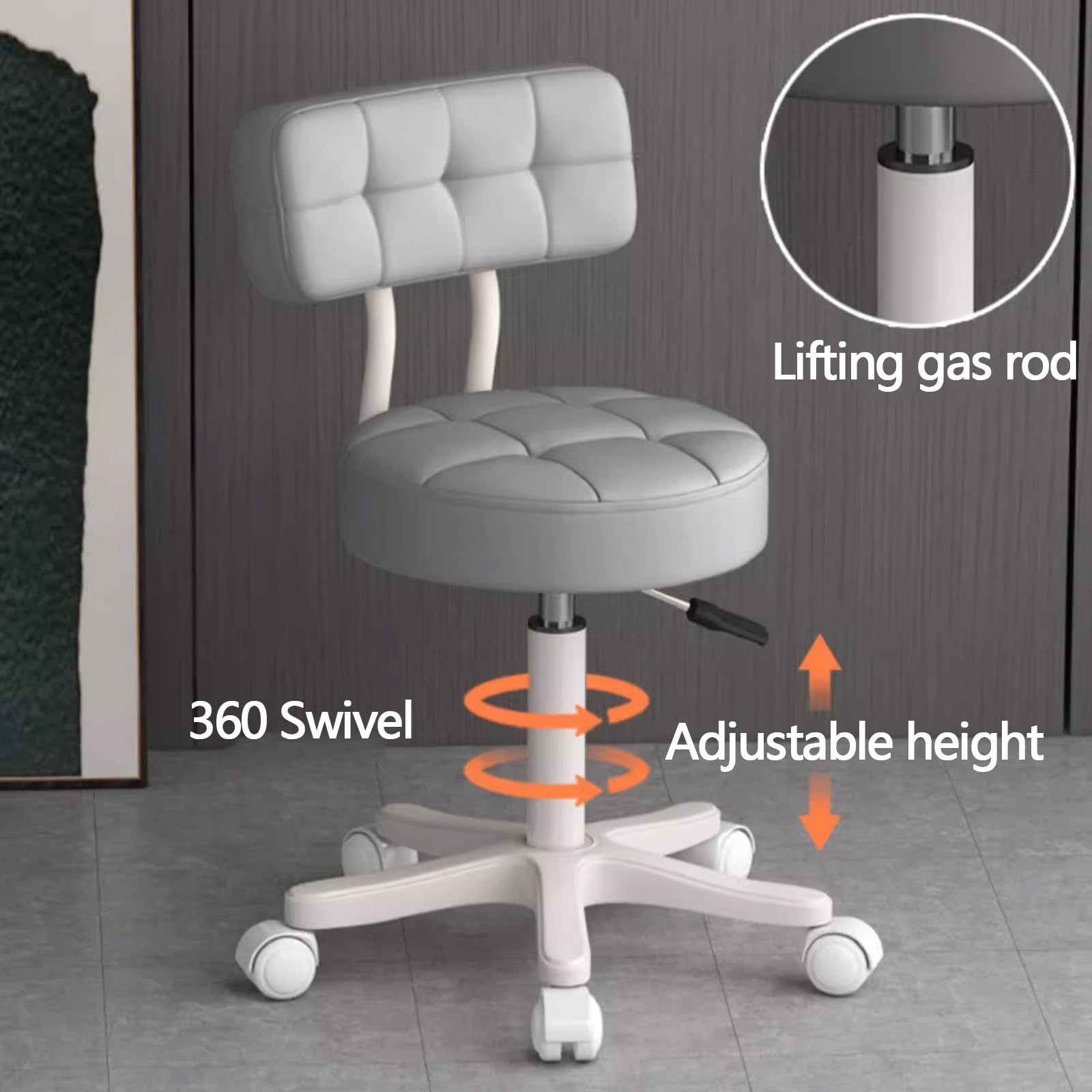 Sgabelli girevoli con Ruote e Schienale in Pelle PU, Altezza Regolabile da 16" a 20", Sedia da Salone per Parrucchieri, Seduta Spessa Imbottita, Vari Colori (Bianco)