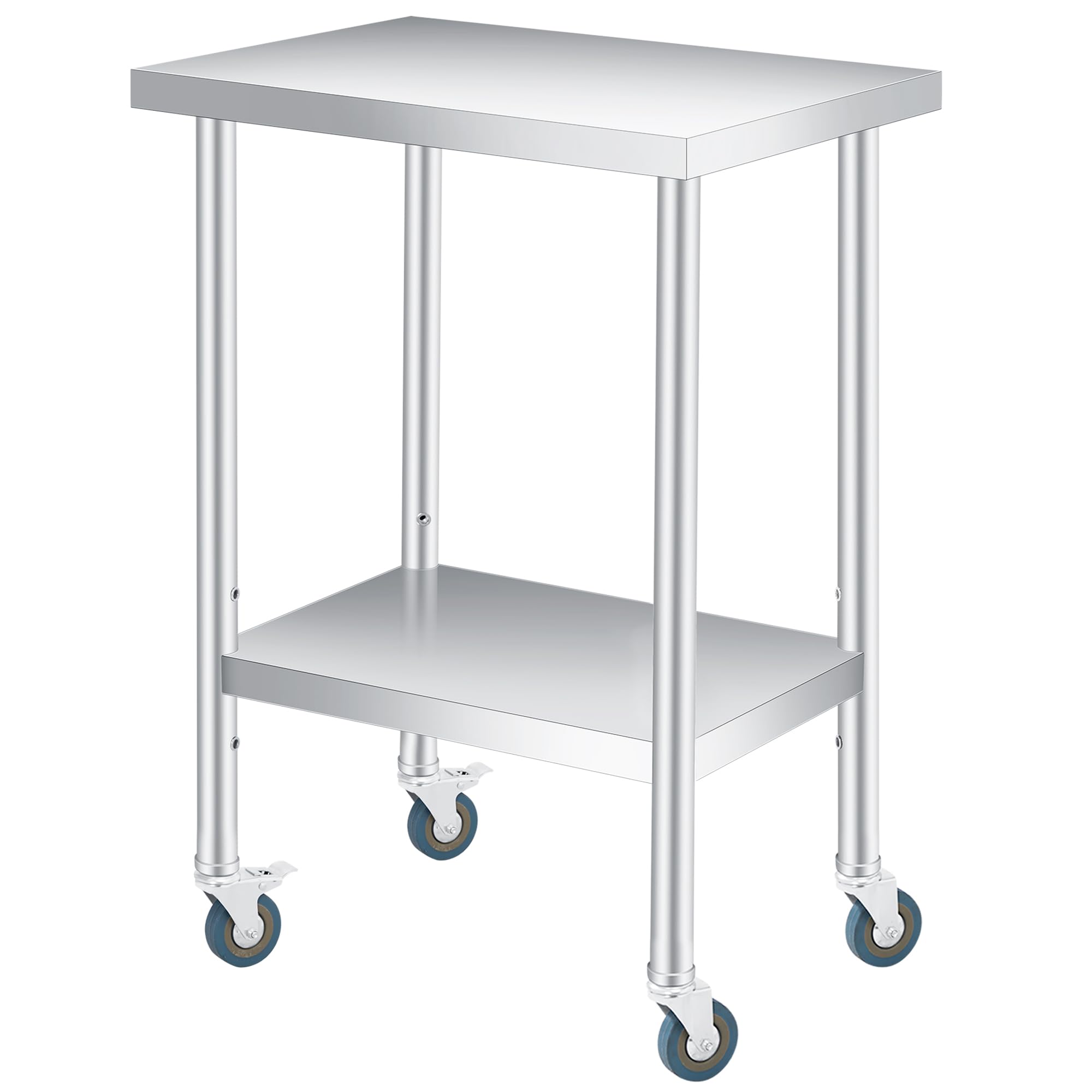Stainless Steel Table, 24" x 18" Heavy Duty Worktable with Adjustable Undershelf and Locking Casters, 2 Tier Metal Prep Table for Commercial Kitchen, Restaurant, Garages