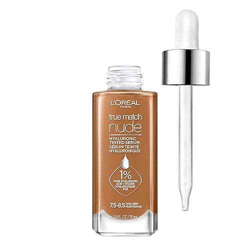 L'Oreal Paris True Match Nude Hyaluronic Tinted Serum Foundation con 1% de ácido hialurónico, Cool Deep 7.5-8.5, 1 onza líquida