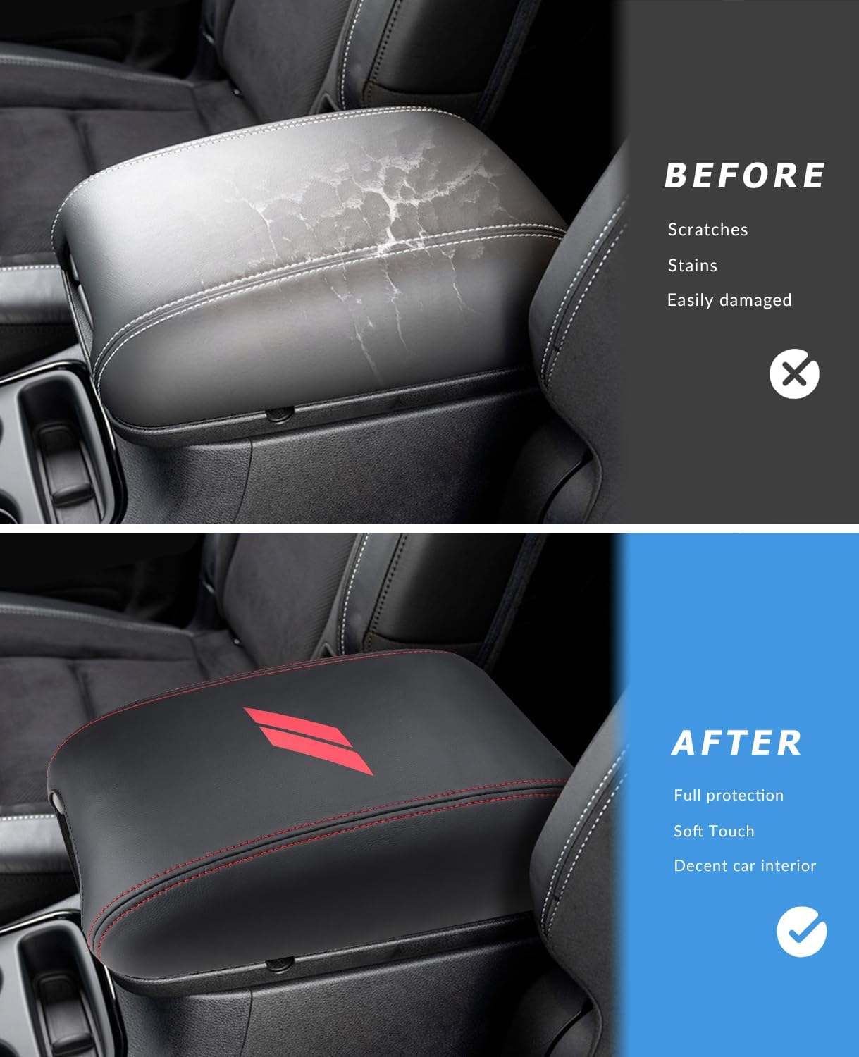 INTGET Car Rear Armrest Cover for Dodge Durango Accessories 2011-2023 Leather Middle Center Console Arm Rest Box Lid Seat Protector Cushion Saver (Red Stitches, 2011-2023)