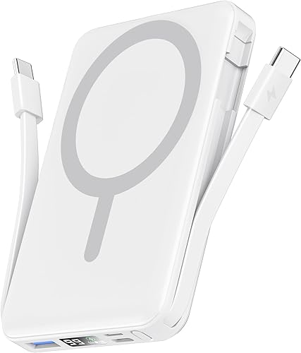 Miniatura 11 de podoru para Magsafe Paquete de baterías, banco de energía magnético de 10000 mAh, cables USB C dobles incorporados, 22.5 W, PD de carga rápida,