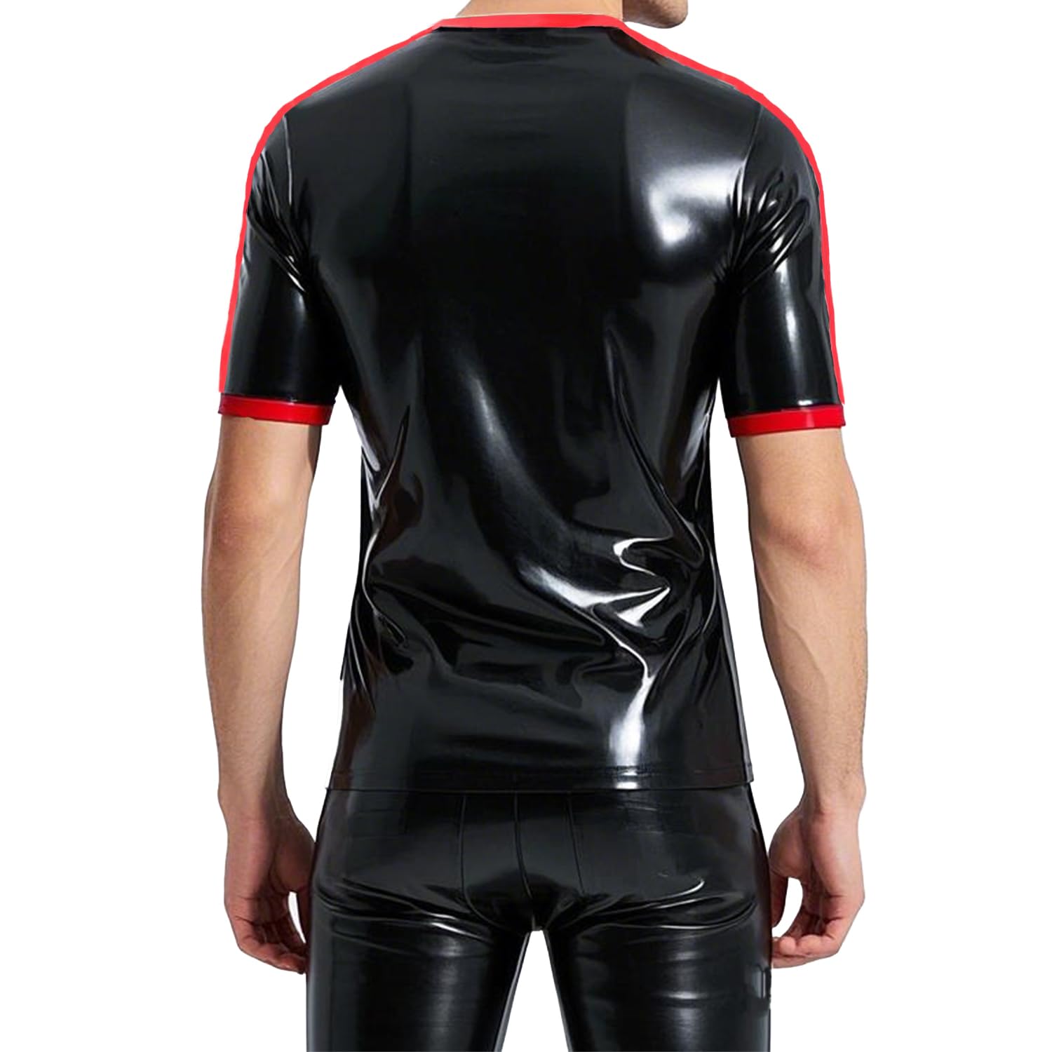 T-Shirt en Latex pour Homme,Haut en Latex à Manches Courtes Noir et Rouge,Vêtements de Fête à Thème Mascarade