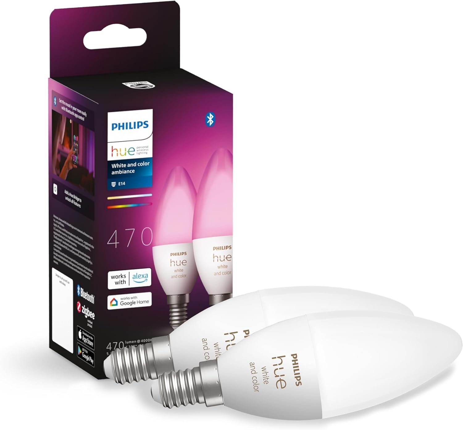 Philips Hue White & Color Ambiance, ampoule LED connectée E14, compatible Bluetooth, pack de 2 & Hue Dim Switch Télécommande nomade variateur de lumière V2