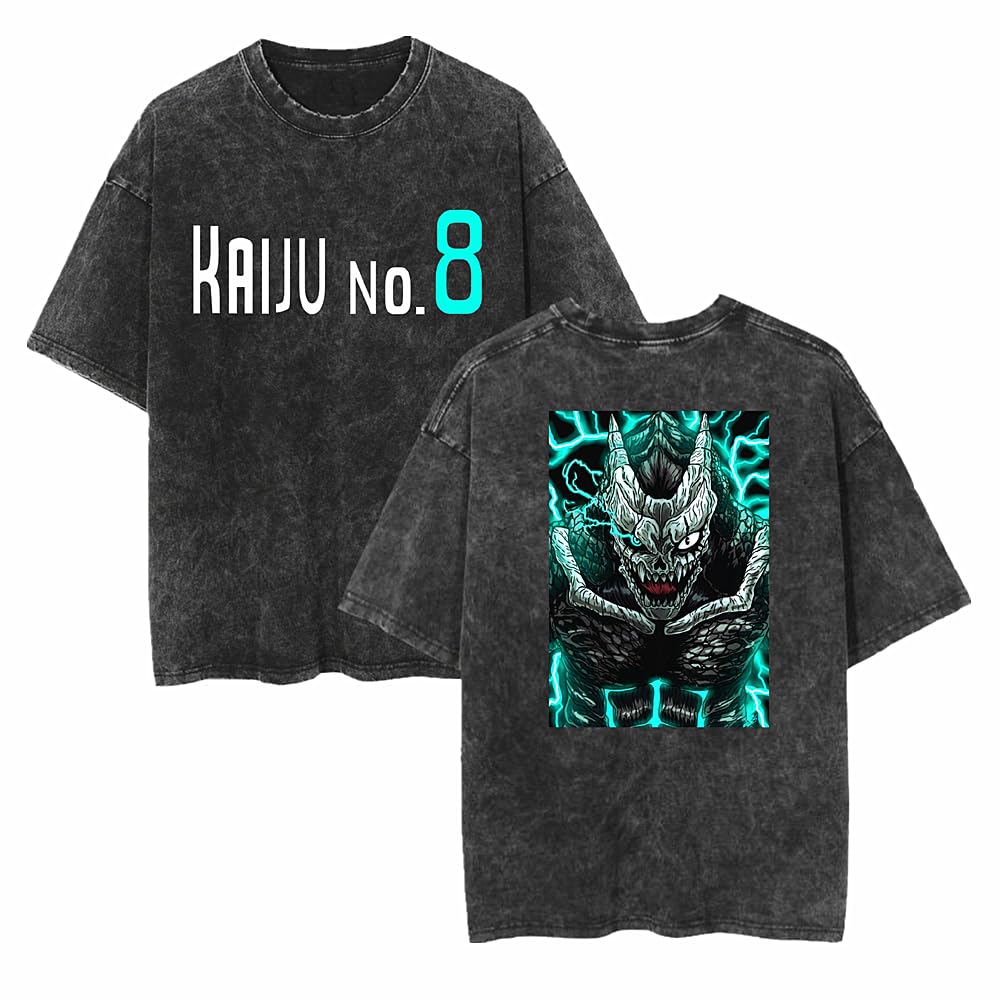 Charous Unisex Black 4 Anime Kaiju No.8 Kafuka Cotton Cartoon Print T-Shirt,Washed Distressed T-Shirts Used For Manga Fans Cosplay Gift