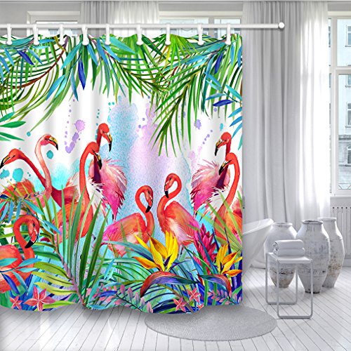 HNMQ Tropical Floral Shower Curtain, Flowers Leaves and Flamingo on