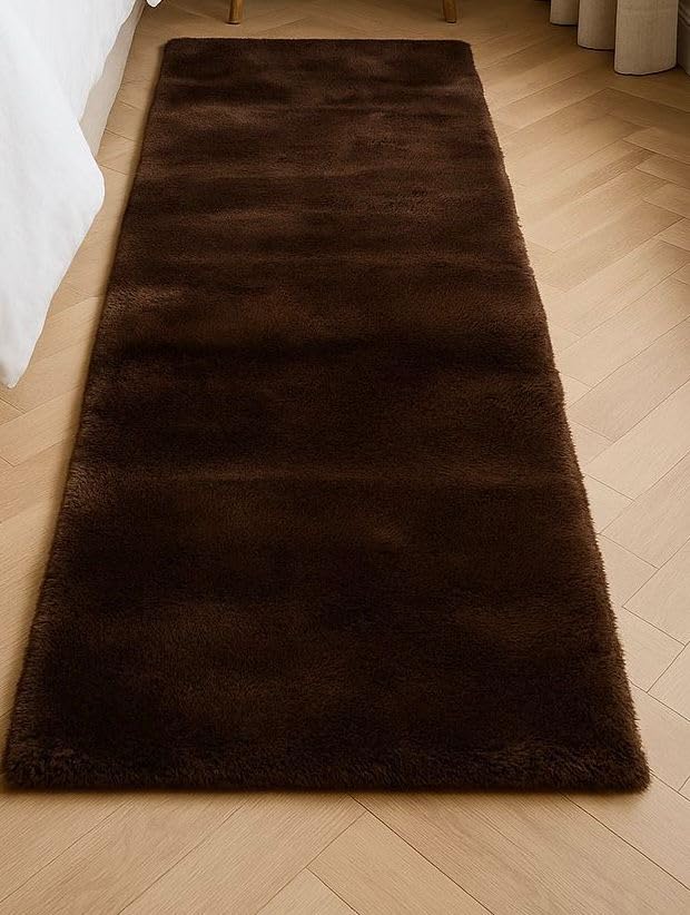 Image of Adorn Supersoft Rabbit Fur Bedside Runner Rug, 60 * 140cms Anti-Skid Backing (Dark Brown)