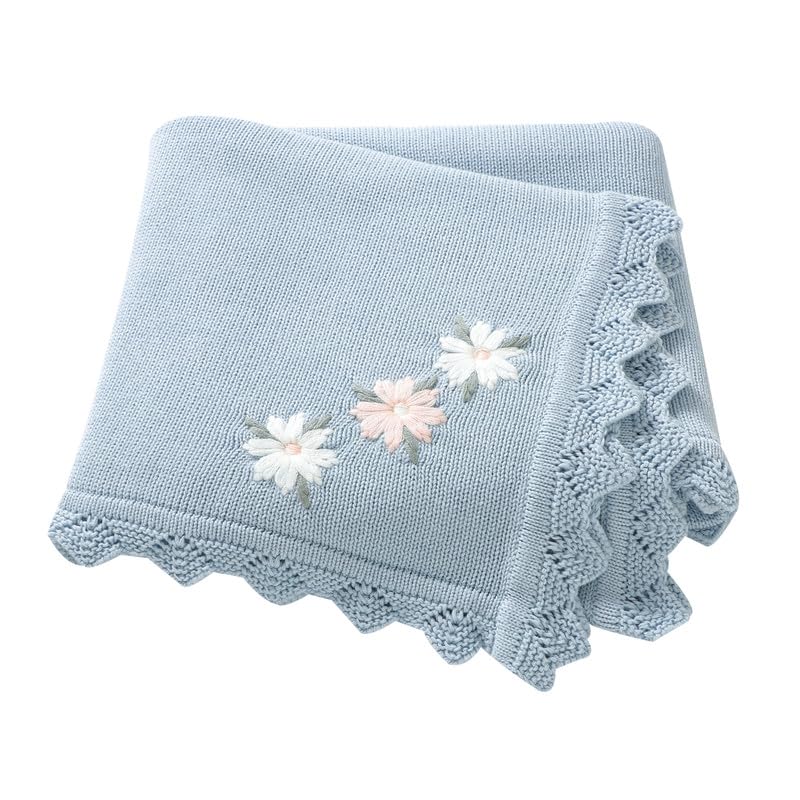 LAWKUL Baby Blanket 100% Traceable Cotton Knit Receiving Blankets Infant Swaddle for Newbron Boy Girl 100X80cm (Blue Floral)