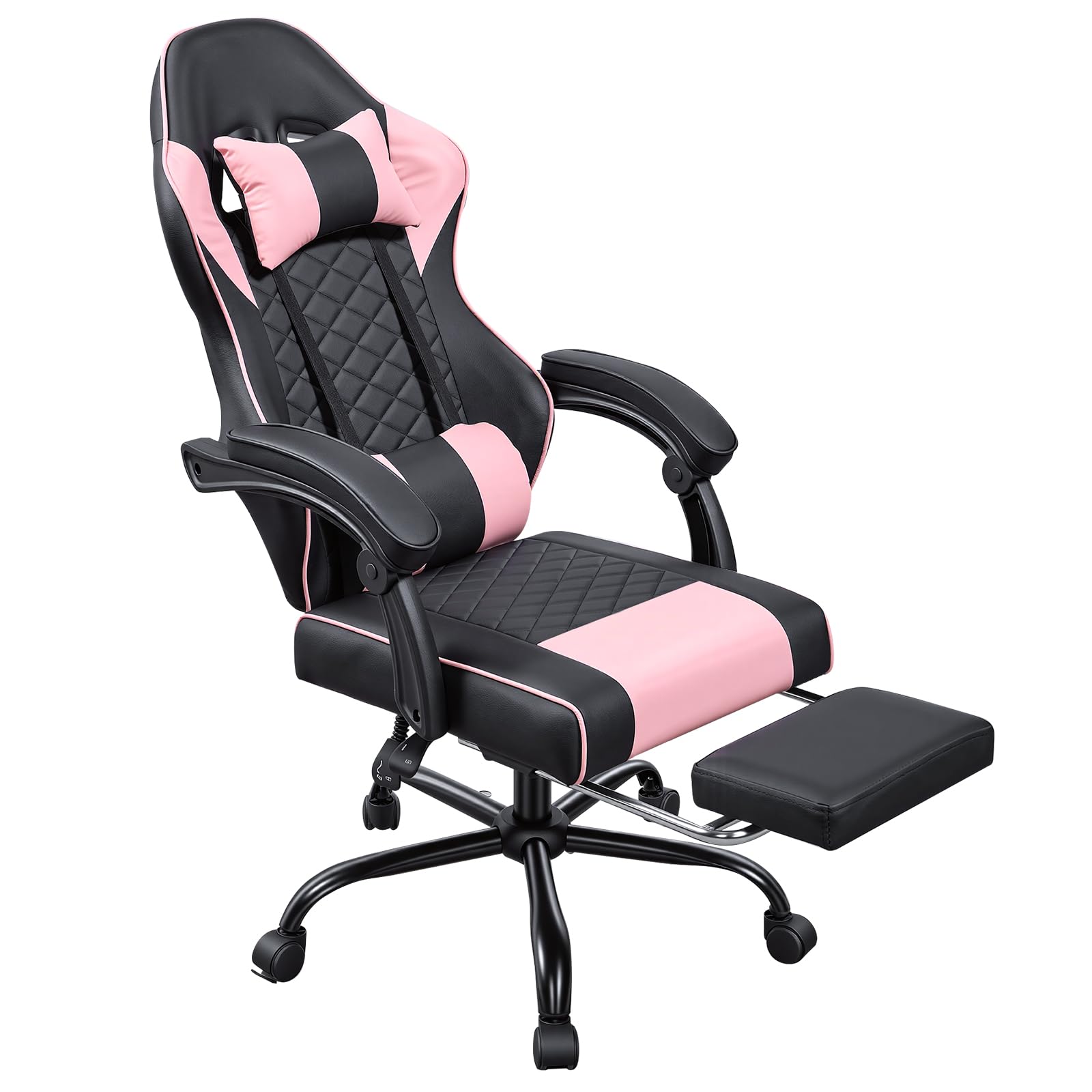 Panana Racing Style Gaming Chair with Footrest, PU Leather, Massage Lumbar Support, Reclining, 360° Swivel Seater Adjustable Height (Pink)