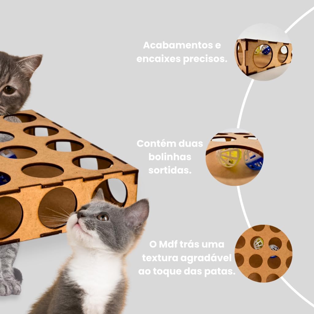 Brinquedo Labirinto Com Bolinhas e Guizo Para Gatos Em Mdf