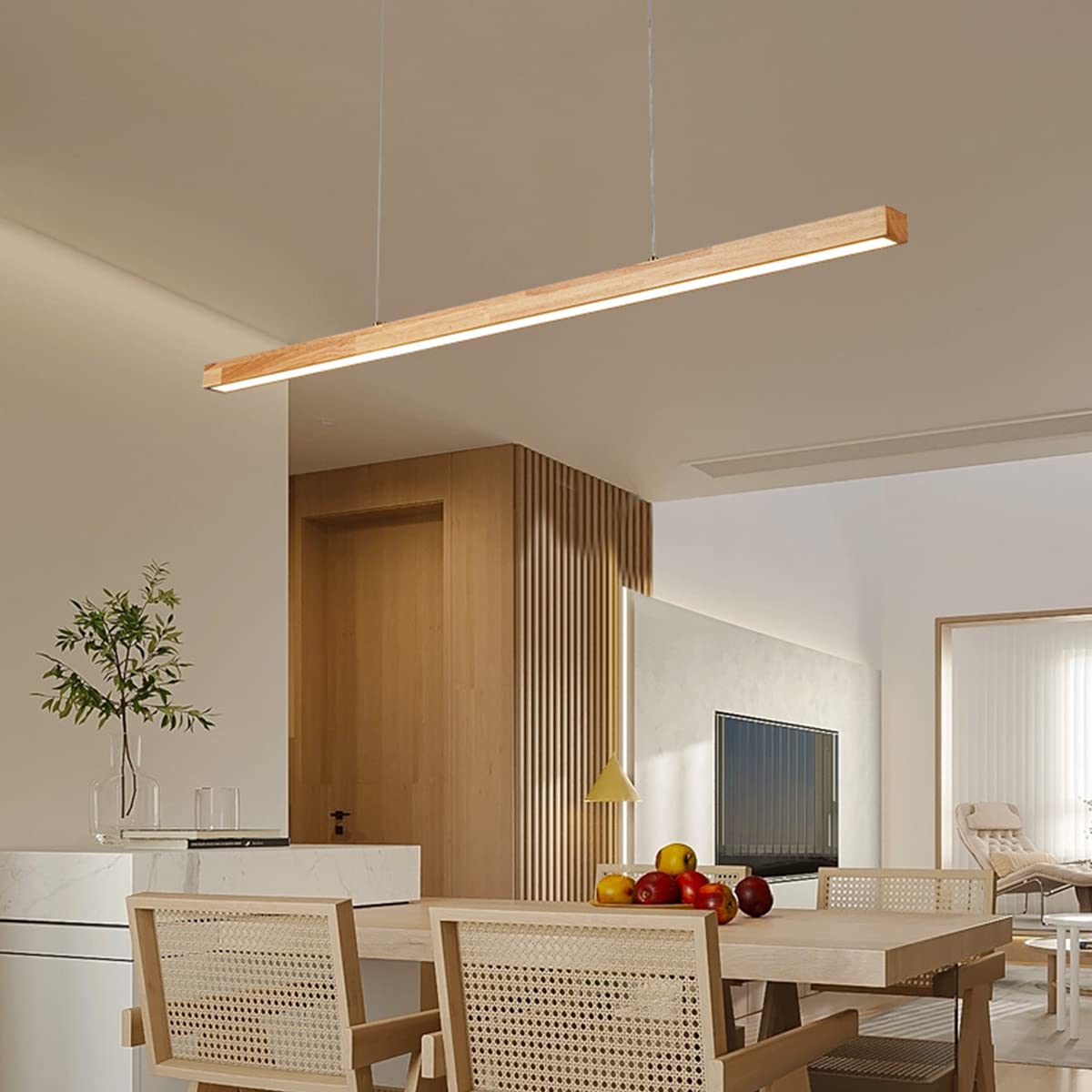 Lampa wisząca Drewniana lampa wisząca LED Nowoczesna, ściemniana lampa wisząca o liniowym kształcie z pilotem Lampa wisząca na stół do jadalni Regulowana wysokość Lampa biurowa do jadalni interesting