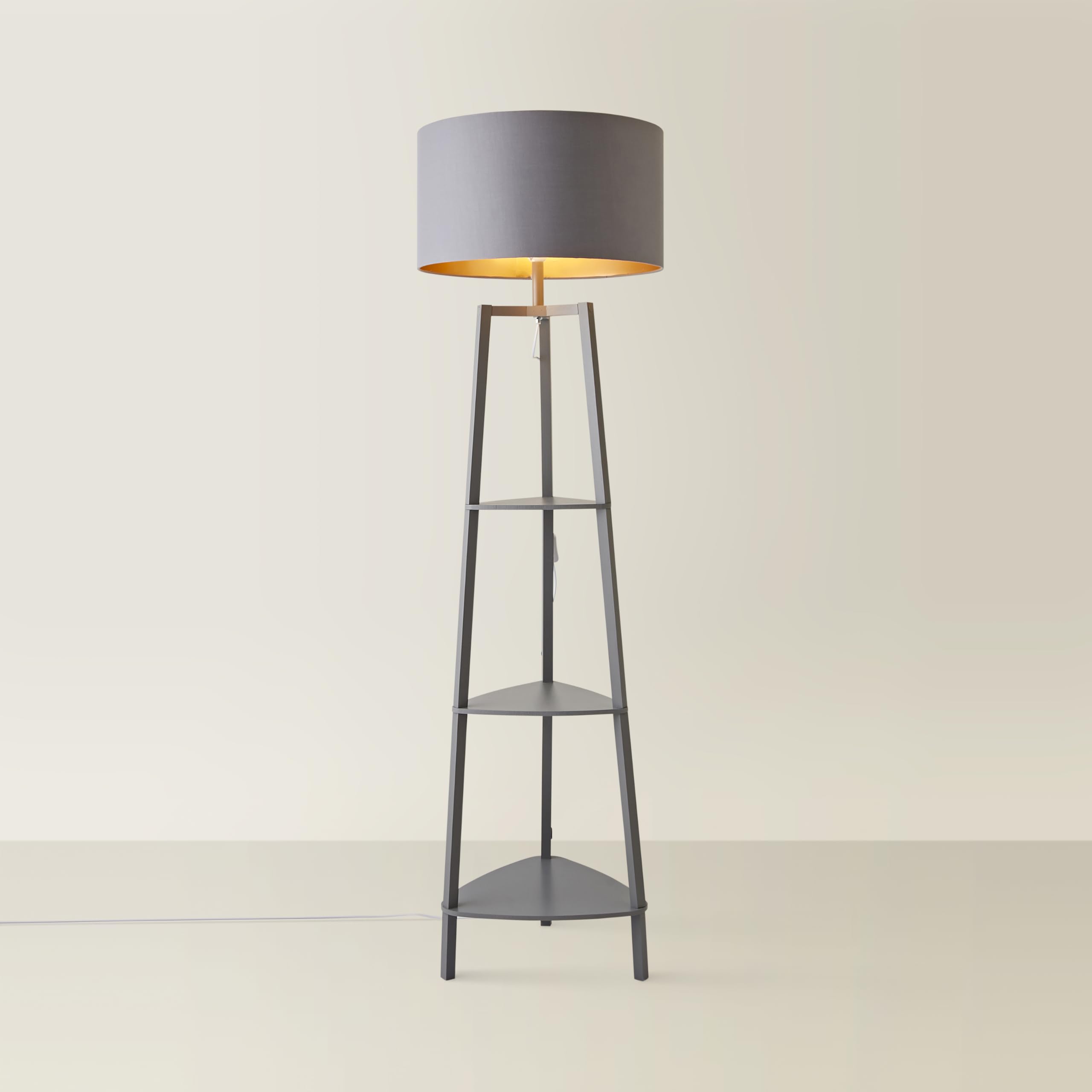 Valuelights Unisex Copper Hiru Grey 3 Tier Wooden Shelf Floor Lamp With Grey And Shade