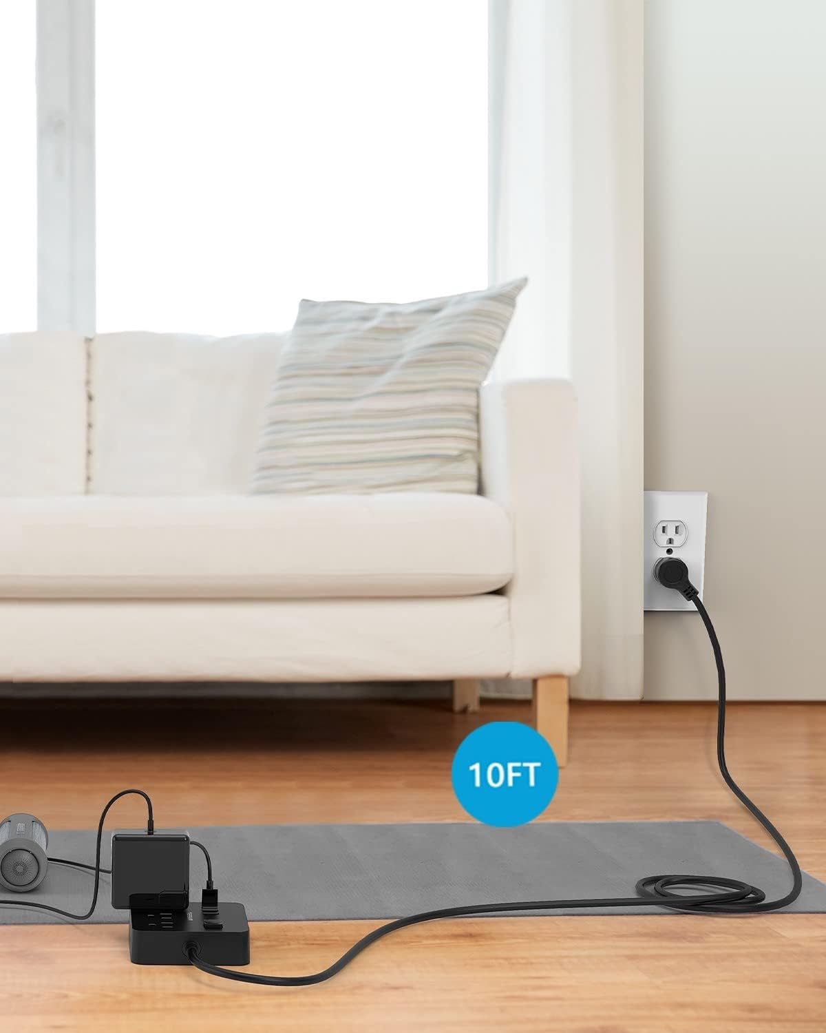 Extension Cord with USB Ports, TESSAN 10 ft Long Flat Plug Power Strip with 3 AC Outlet Compact Desktop Charging Station 125V 10 A for Home, Office, Dorm Room, Black