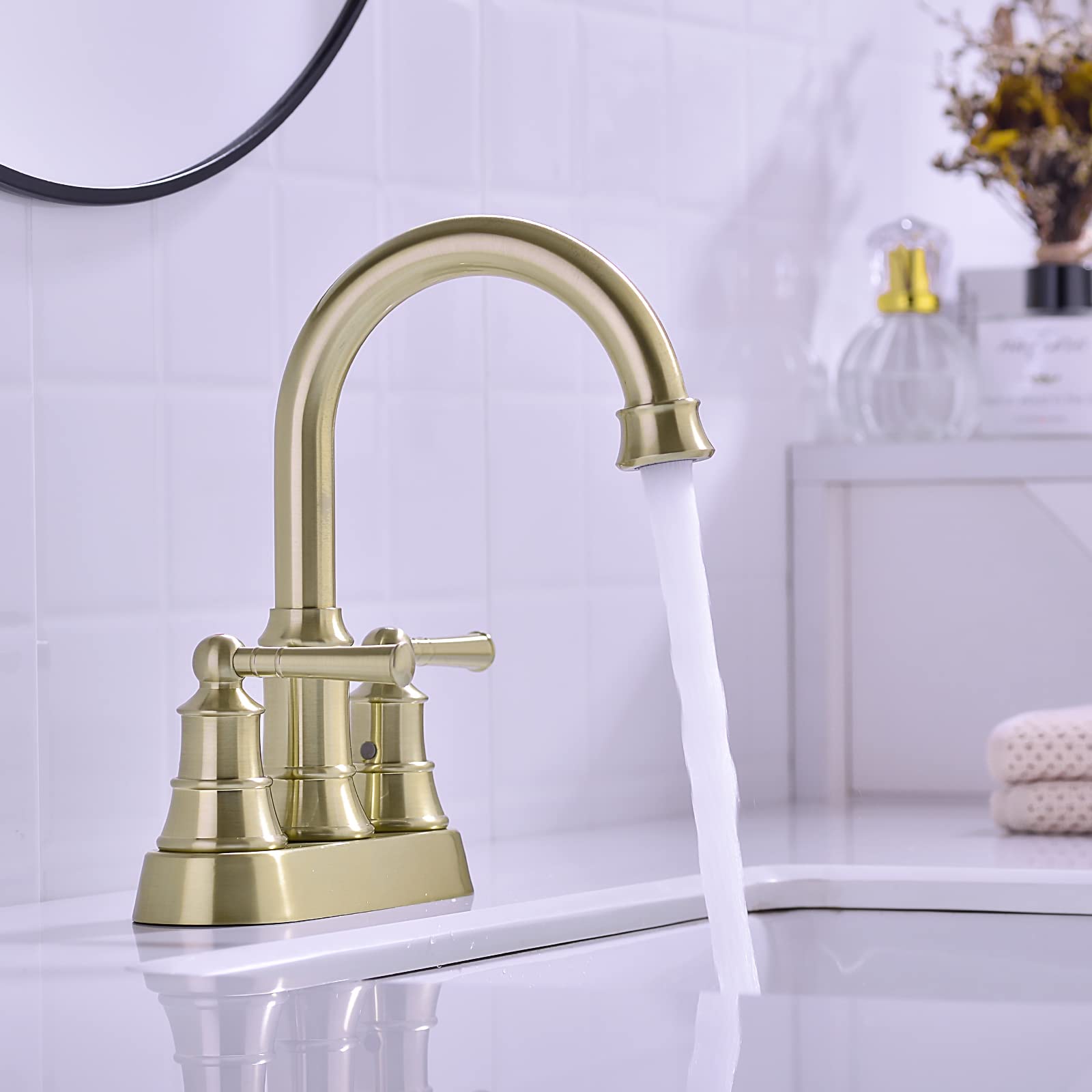4 Inch Centerset Bathroom Faucet Brushed Gold with Overflow Sink Drain and cUPC Water Supply Lines 2 Handle — view 2