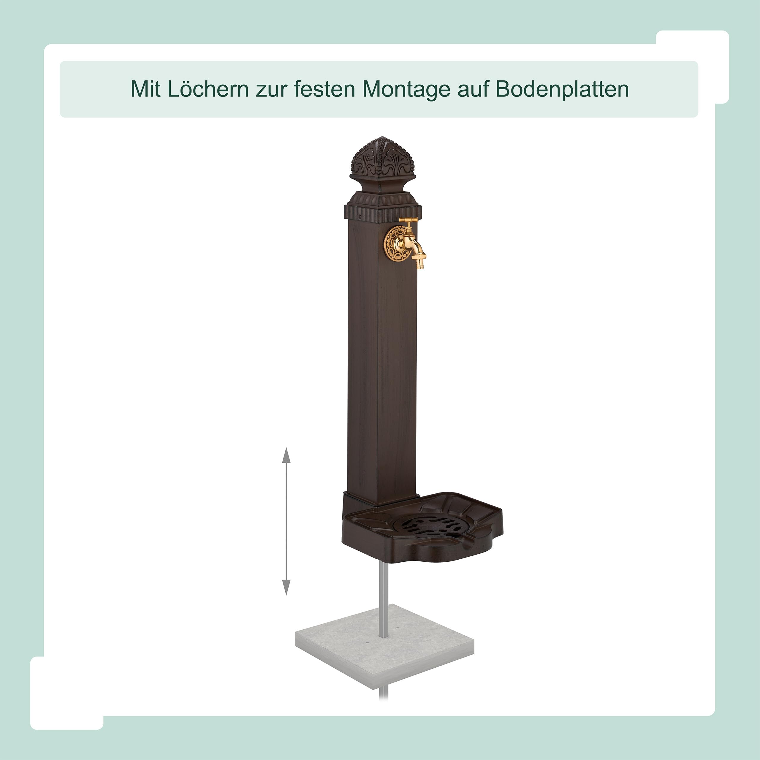 Relaxdays Standbrunnen antik, mit Wasserhahn & Becken, HxBxT: 77x29x33,5 cm, Wasserzapfsäule Garten, Terrasse, braun