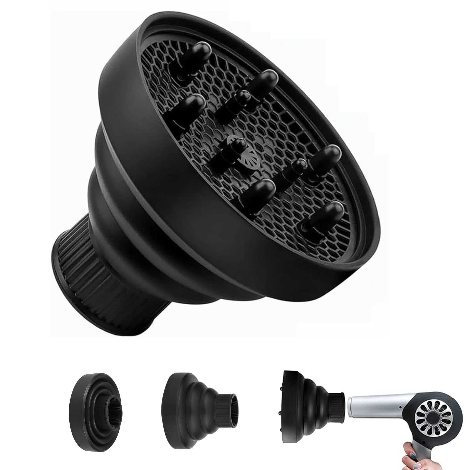 Diffusore Universale Pieghevole, Diffusore Capelli Ricci Universale, Diffusori Portatile Capelli Ricci, Diffusori Capellis Pieghevole Silicone, Diffusores per Asciugacapelli, Nero
