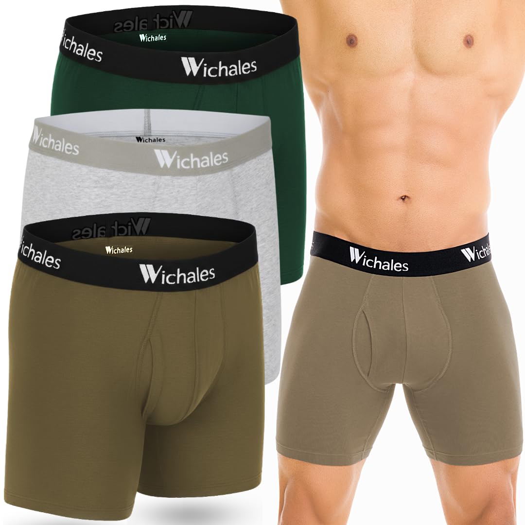 Wichales Mens Boxer Briefs Cotton Underwear for Men Breathable Moisture-Wicking Trunks No Ride Up Comfort Fit 3-Pack