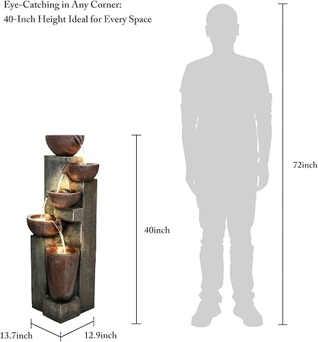 Miniatura 22 de SunJet Fuentes y cascadas modernas de 4 niveles para interiores y exteriores con luces LED, fuente de agua grande de 39.3 pulgadas de alto