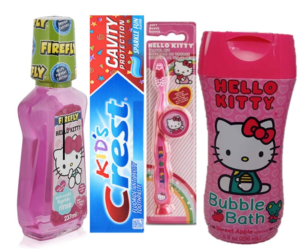Hello Kitty Travel Kit Toothbrush with Cap, Kid's Crest Toothpaste, Mouthwash Flavor Bundle with Bubble Bath