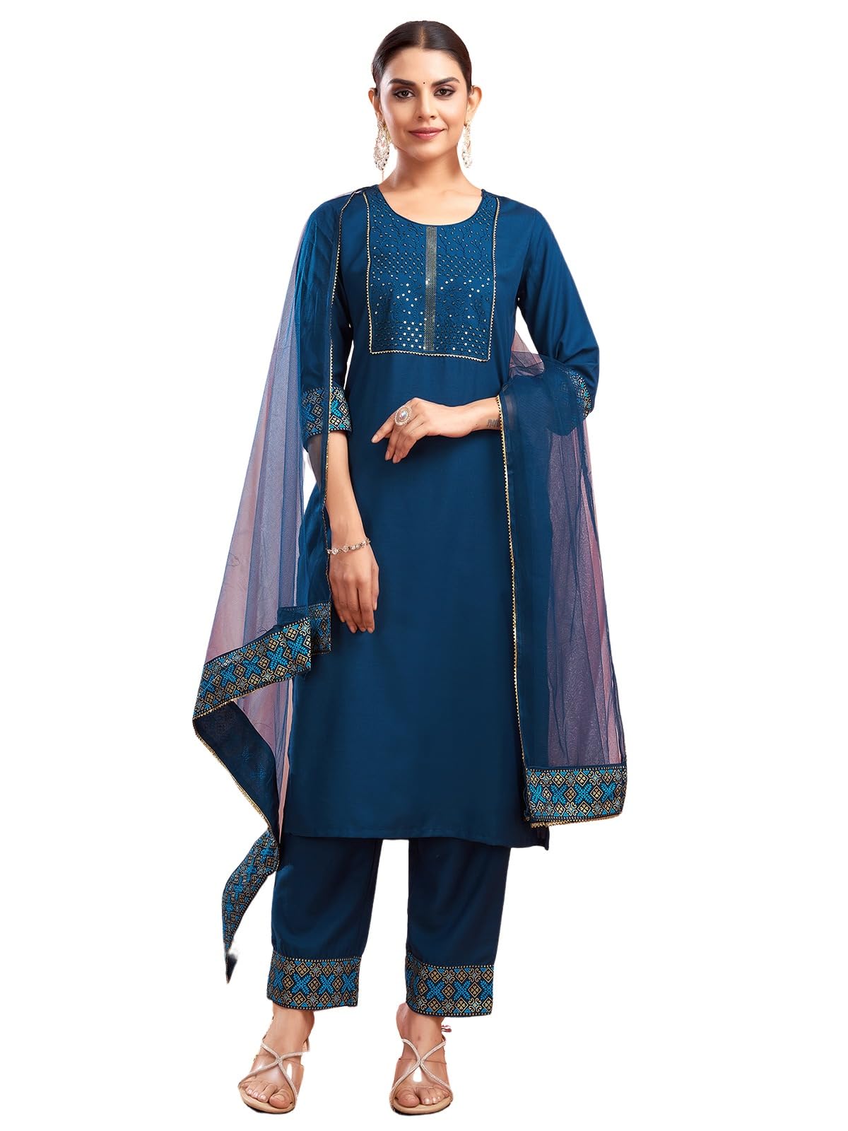 Sanisa Women's Cotton Blend Sequence Embroidery Work With Foil & Pigment Print Straight Kurta With Pant And Dupatta Set (137Kbd1472Nr-L_Blue)