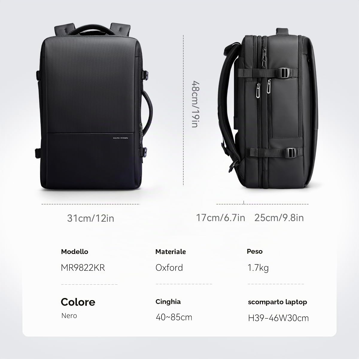 MARK RYDEN 30-45L Zaino da viaggio per affari, borsa a tracolla espandibile, zaino multifunzionale per l'umidità e l'asciutto, borsa per computer da 17,3", borsa a mano