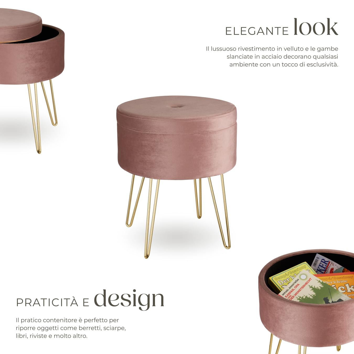 Pouf Contenitore TecTake In Velluto Turchese – Sgabello Rotondo Con Imbottitura, Gambe Oro, Carico 300 Kg, Scomparto Interno, Per Soggiorno E Camera