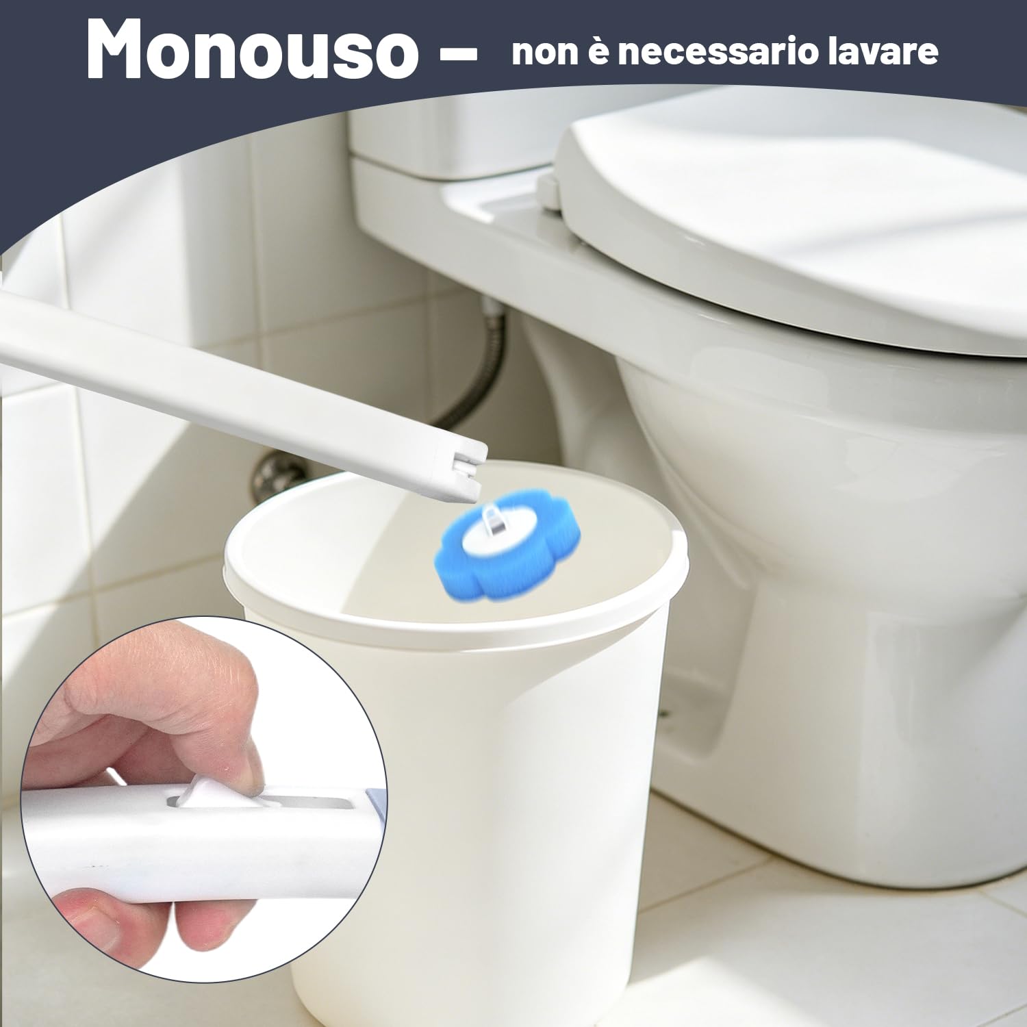 Scopino WC Usa e Getta – Set di Scopino Bagno WC a Parete in 2 Pezzi, Comprensivo con 64 Testine con detergente e 2 Supporti per Riporle, per Pulizia WC, Bagno, Lavabo e Vasca