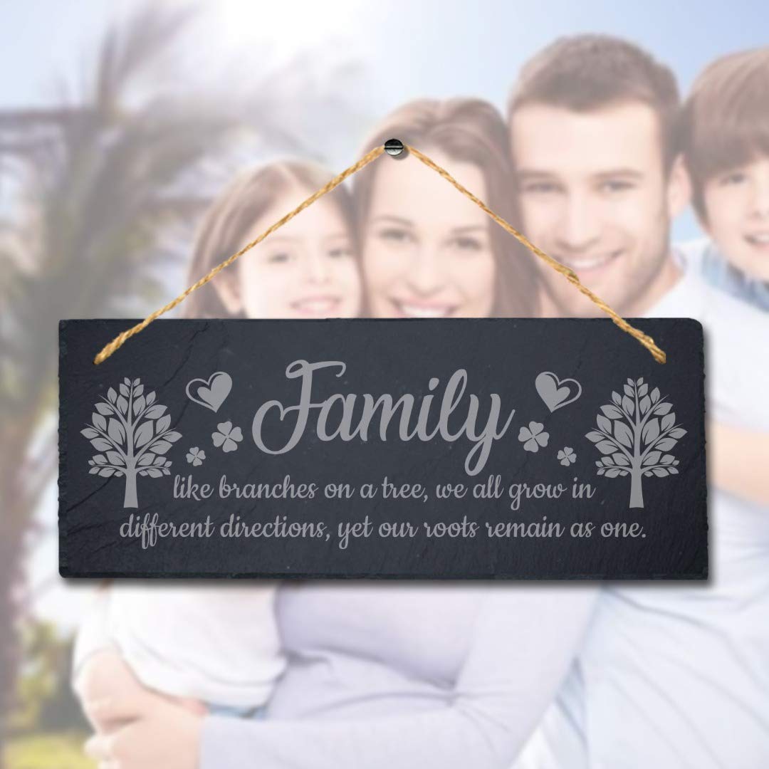 Stukk Natural Engraved Slate Stone Plaque Laser Hanging Strength Forever Love Gift Sign (Family Like Branches On Tree), 30X12cm (Large)