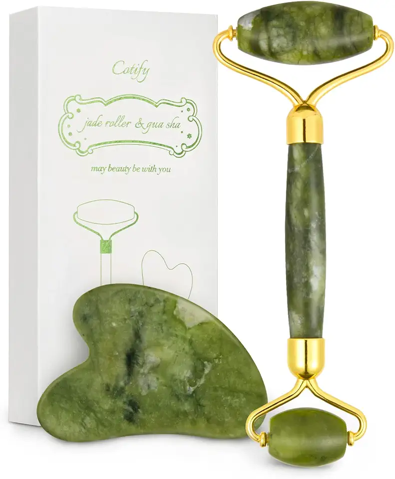 Conjunto de rolo de jade e Gua Sha, rolo facial, rolo facial antienvelhecimento Cotify, ferramenta massageadora de beleza de jade verde natural, ferramenta de cuidados com a pele para rosto, pescoço,