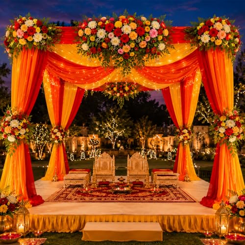 Image of Party Propz Backdrop Decoration with Fairy Light - 8 Pcs Haldi Decoration Items for Home, Backdrop Cloth for Decorations Pooja, Background Decorations Cloth for Festival, Puja (Satin Mix)