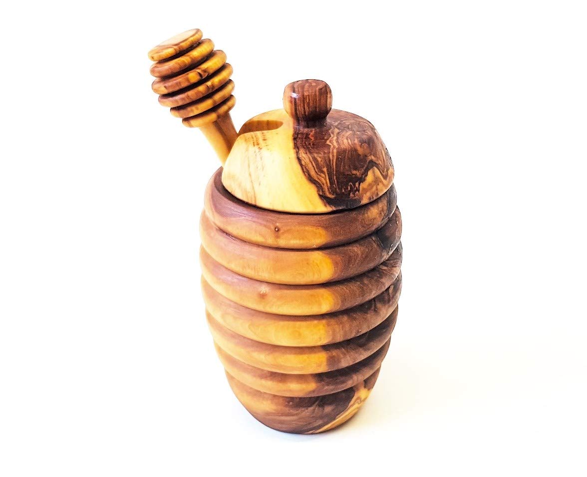 Rackhams Olive Wood - Honey Drizzler & Pot With Lid