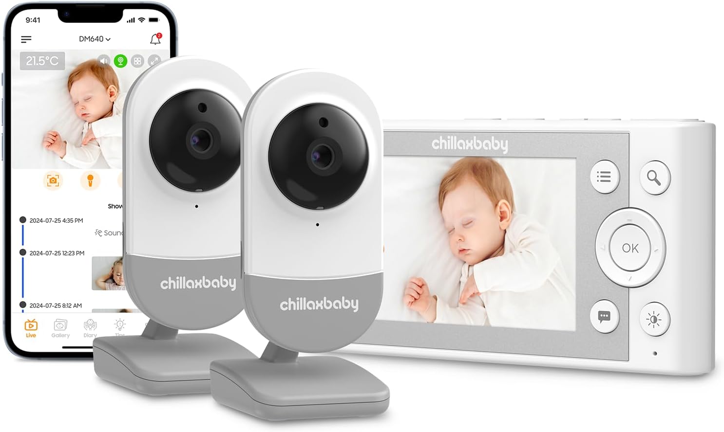 Chillax Daily Video Baby Monitor - WiFi Smart Baby Monitor with Two Cameras & Parent Unit,App Support,HD Camera, Privacy Protection WiFi ON/Off Switch, 2-Way Audio,Night Vision,Cry Detection Tw"