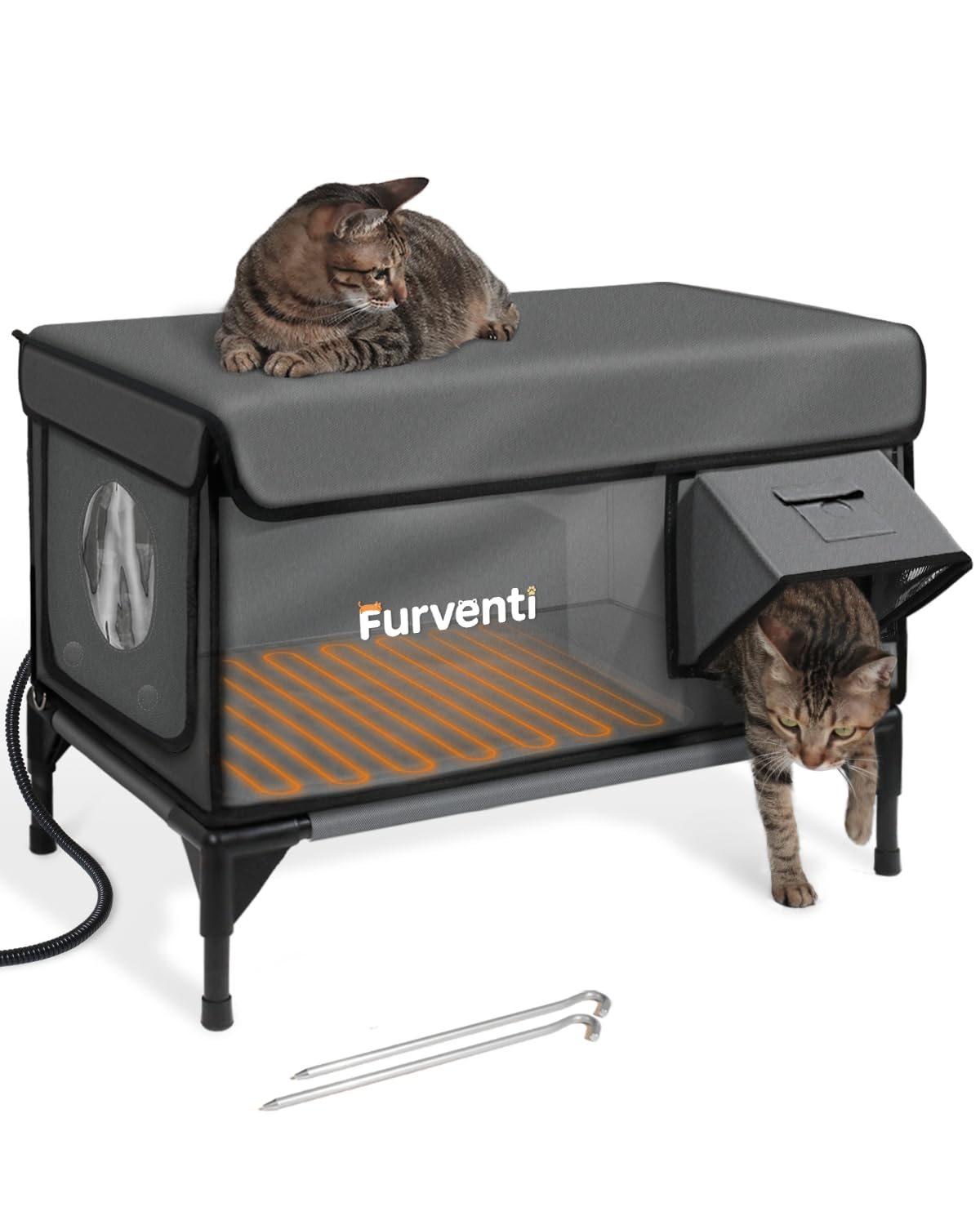 Outdoor Heated Cat House in Winter,Extremely Insulated & Weatherproof,Elevated Feral Cat Shelter with Waterproof Eaves & Escape Door for Outside Stray Barn Cat (Dark Grey, XL)