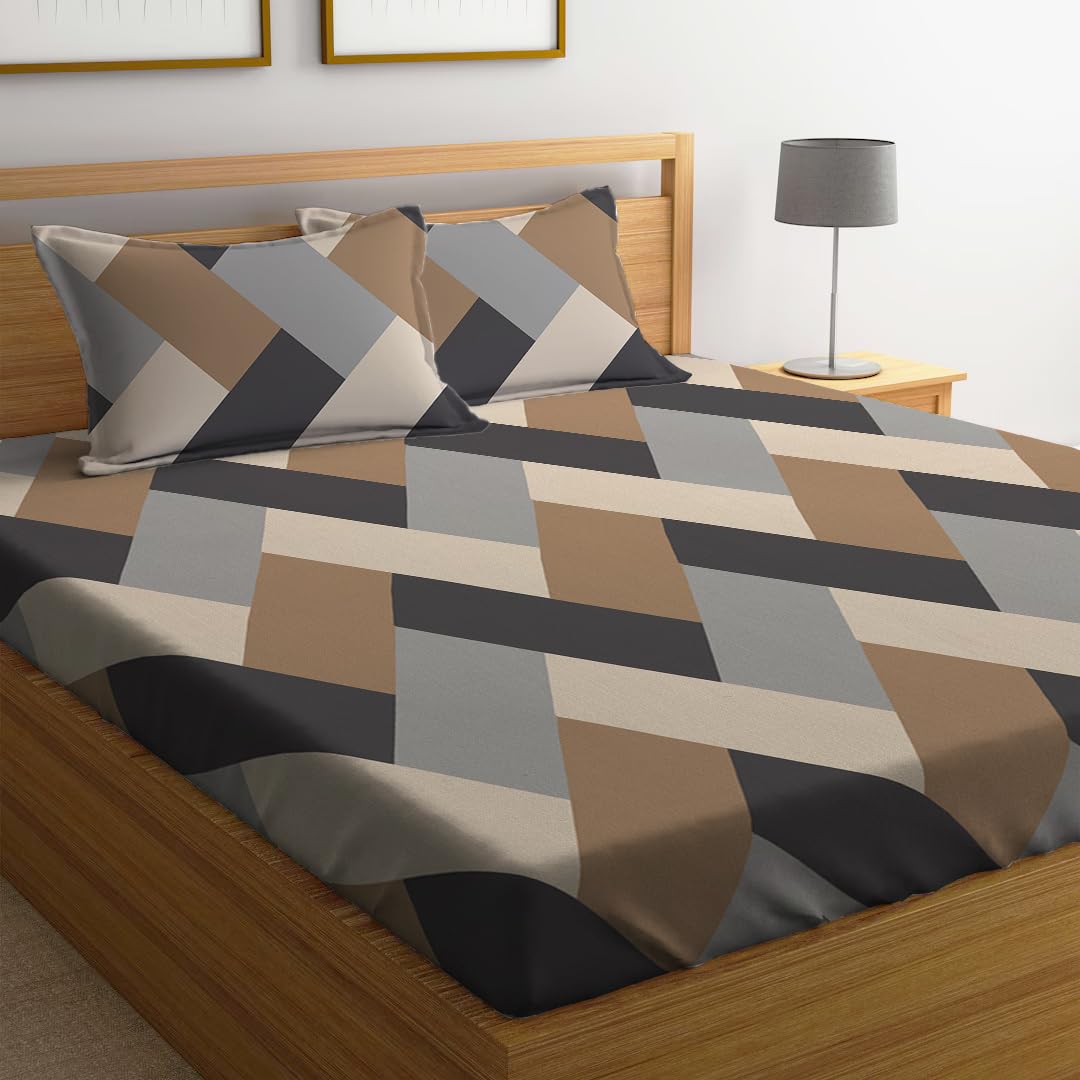 LOOMLYFE 300 TC Cotton Feel Glace Cotton Elastic Fitted Printed King Size Double Bed Bedsheet with 2 Pillow Covers Fits Upto 8 inches Mattress, Size- 72X78 Inches, BrownGreyCross