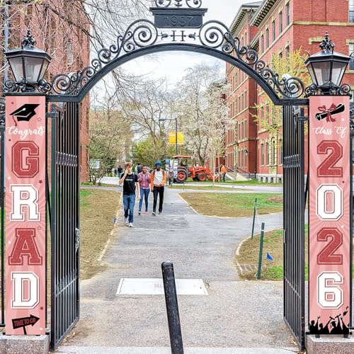 Image of Graduation Banner 2026 Pink Graduation Decorations Grad Banner Porch Sign Class of 2026 Door Decor Congrats Hanging Backdrop Pink Gold White Grad Party Decor for School Congratulations Supplies
