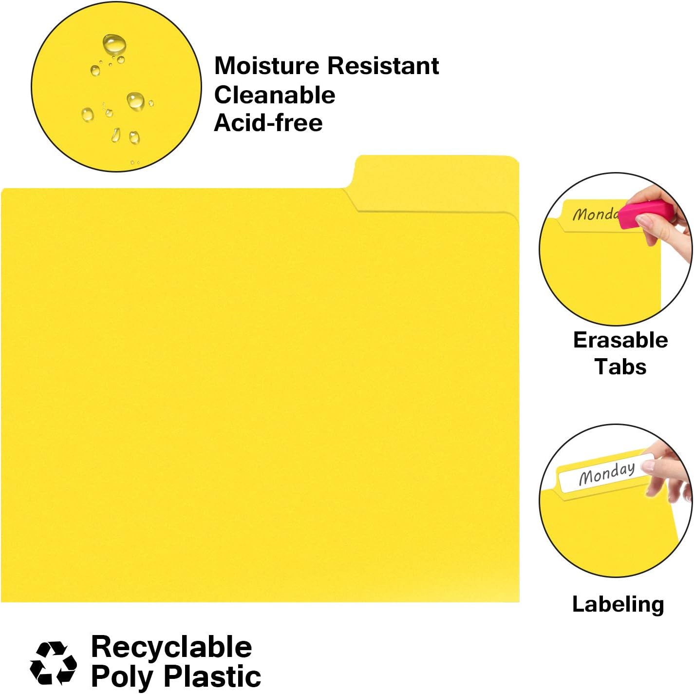 JISUSU Colored Plastic File Folder - 18 Pack , Heavy Duty File Folders with Oversized Erasable 1/3-Cut Tab and Sticky Labels ,Letter Size,Perfect for Organization : Office Products