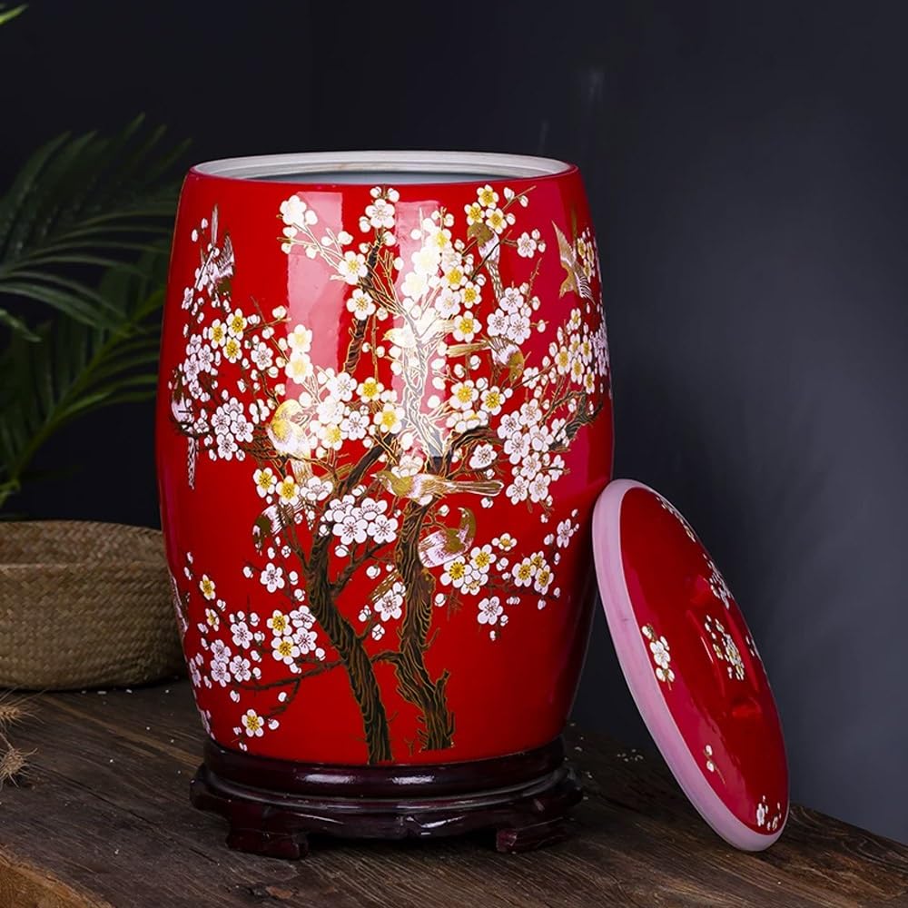 Sxhjdy Red Classic Home Porcelain Food Storage Jar With Lid, Ceramic Rice Container, Cylindrical Kitchen Sealed Jar For Flour Coffee Nuts Tea(,Capacity:25kg/55Lb)