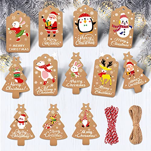 Etiquette Cadeau Noel, 96 Pcs Etiquettes Cadeaux Noel Kraft, Étiquette Cadeau Noel Avec Ficelle, Utilisées Pour Les Emballages Cadeaux de Noël, Décorations D'arbres de Noël, etc Cover