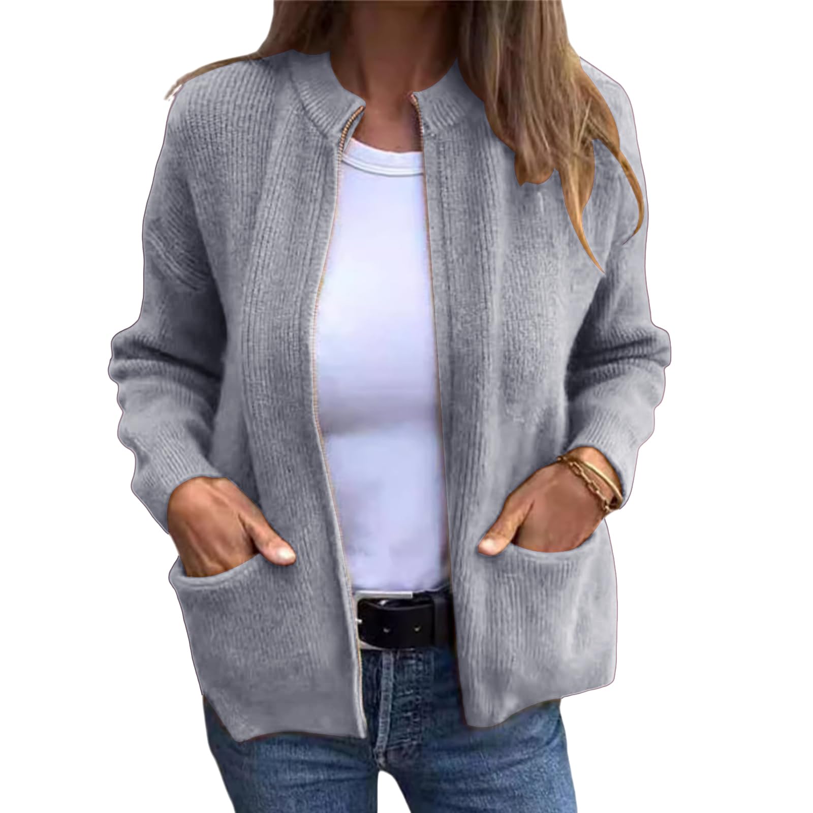 Women's Round Neck Zipper Knitted Jacket Zip Up Sweaters Cropped Open Front Long Sleeve Ribbed Knit Chunky Cardigans