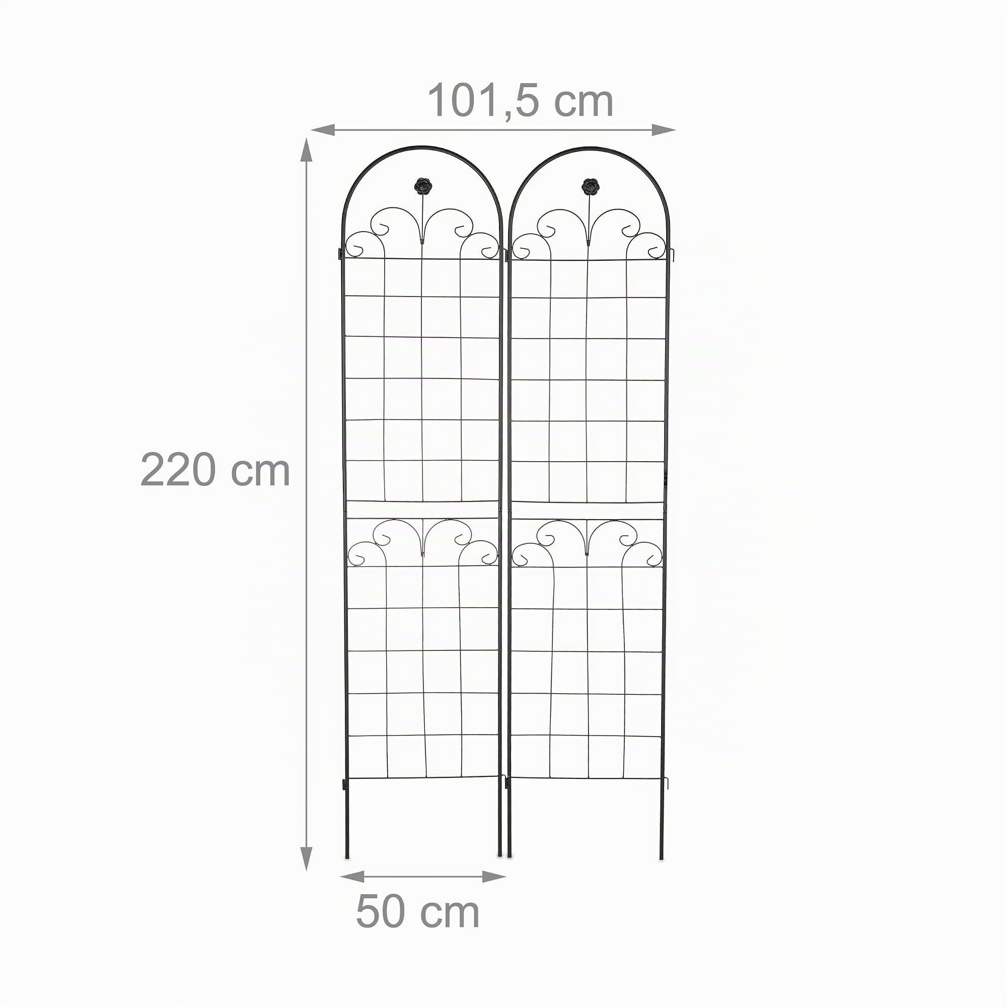 Relaxdays Soportes para Plantas, Set de 2, 220 x 50 cm, Metal, Enrejado para Enredaderas, Autónomos, con Estacas, Negro