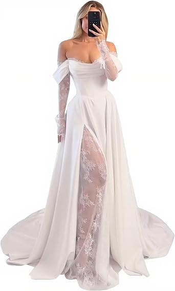Plus Size Wedding Dresses for Bride A Line Satin Bridal Gowns Lace Up Off Shoulder Backless Bride Dress with Slit