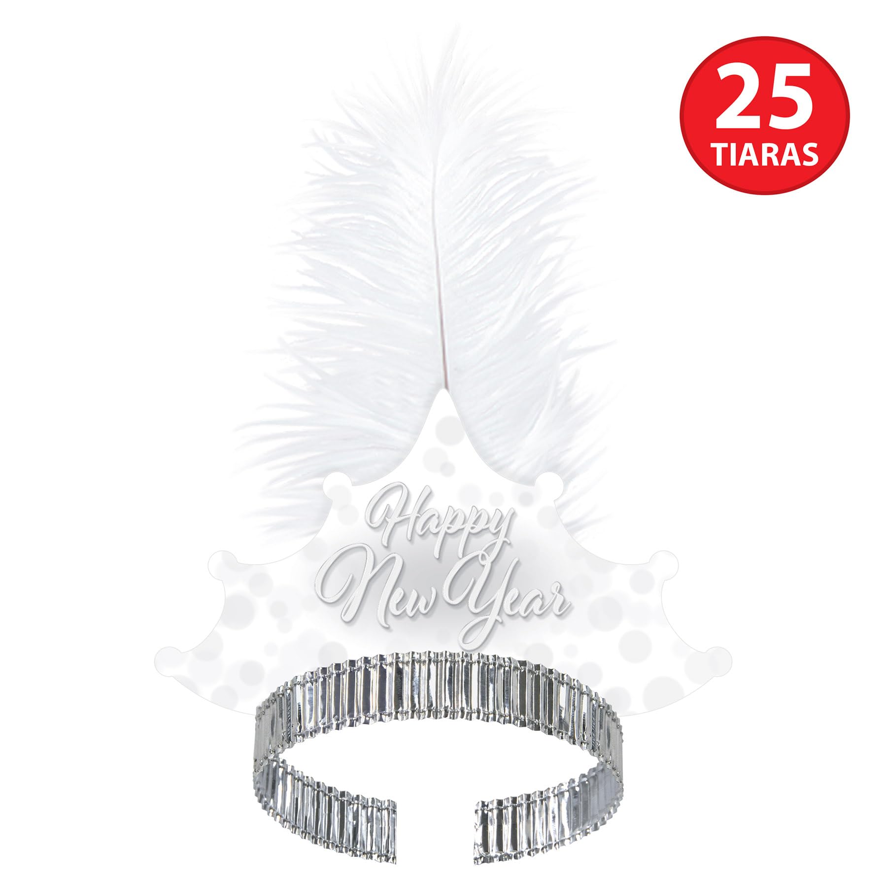 Beistle Whiteout Neujahrssortiment für 50 Personen - Silvester-Kit mit 25 Hi-Hats, 25 gefiederten Diademen und 50 Folienhörnern 22,9 cm - Elegantes Mitternachtsfeier-Zubehör für NYE Ball Drop Partys