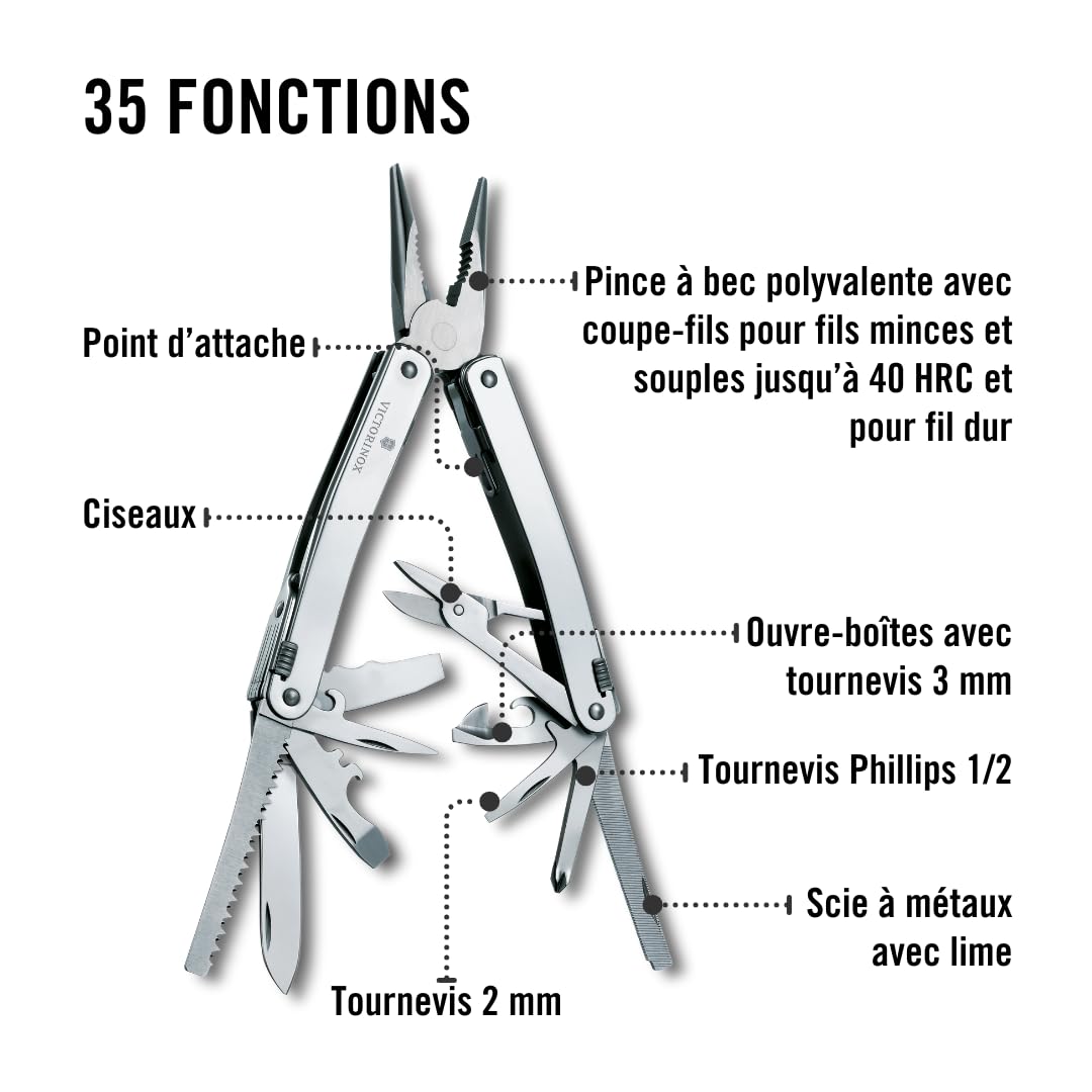 VICTORINOX Outil Multifonction Swiss Tool X Plus, 35 Fonctions, Swiss Made, Multifonction avec Lame Blocable, y c. Étui-Ceinture Nylon, Argent