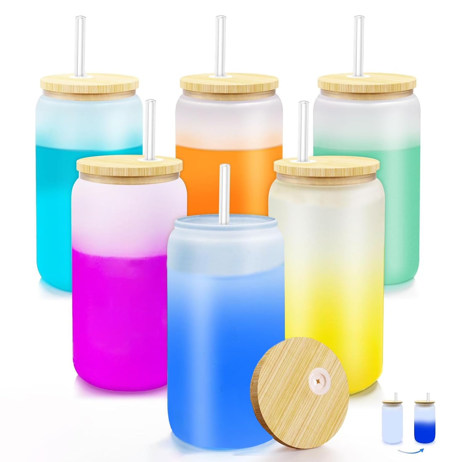 Color Changing Sublimation Glass Cups with Lids and Straws,480ml Frosted Sublimation Glass Can,Glass Cup with Bamboo Lid and Straw,Beer Can Glasses/iced Coffee Tumbler/Soda Drinking Cup
