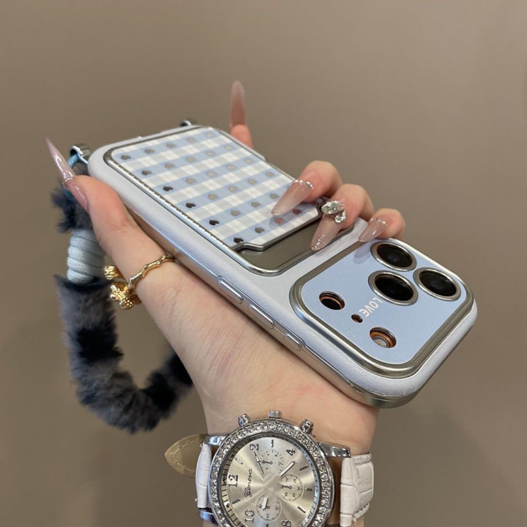 RNOZX for iPhone 16 Pro Max Fashion Plaid Heart Silver Mirror Card