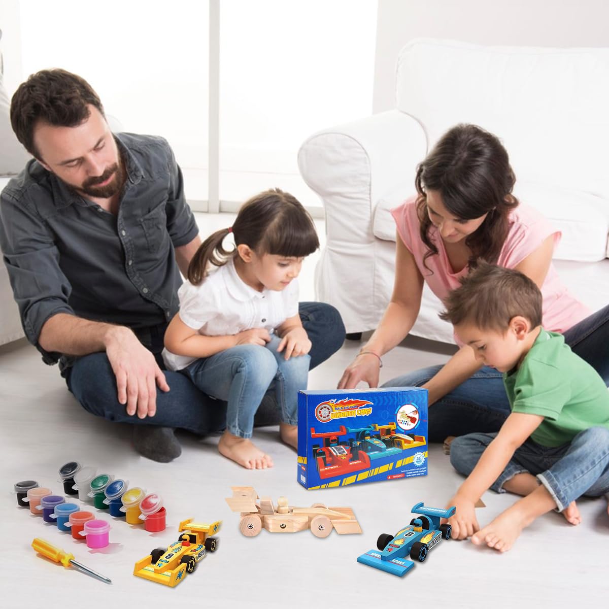 Houten Raceauto Bouwset – 3 Stuks, Met Verf En Stickers – DIY Knutselpakket Voor Kinderen Vanaf 5 Jaar